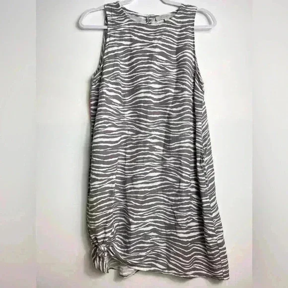 LOFT Zebra Brown White Sleeveless Pocket Linen Keyhole Shift Dress Women’s 6 - Picture 1 of 8